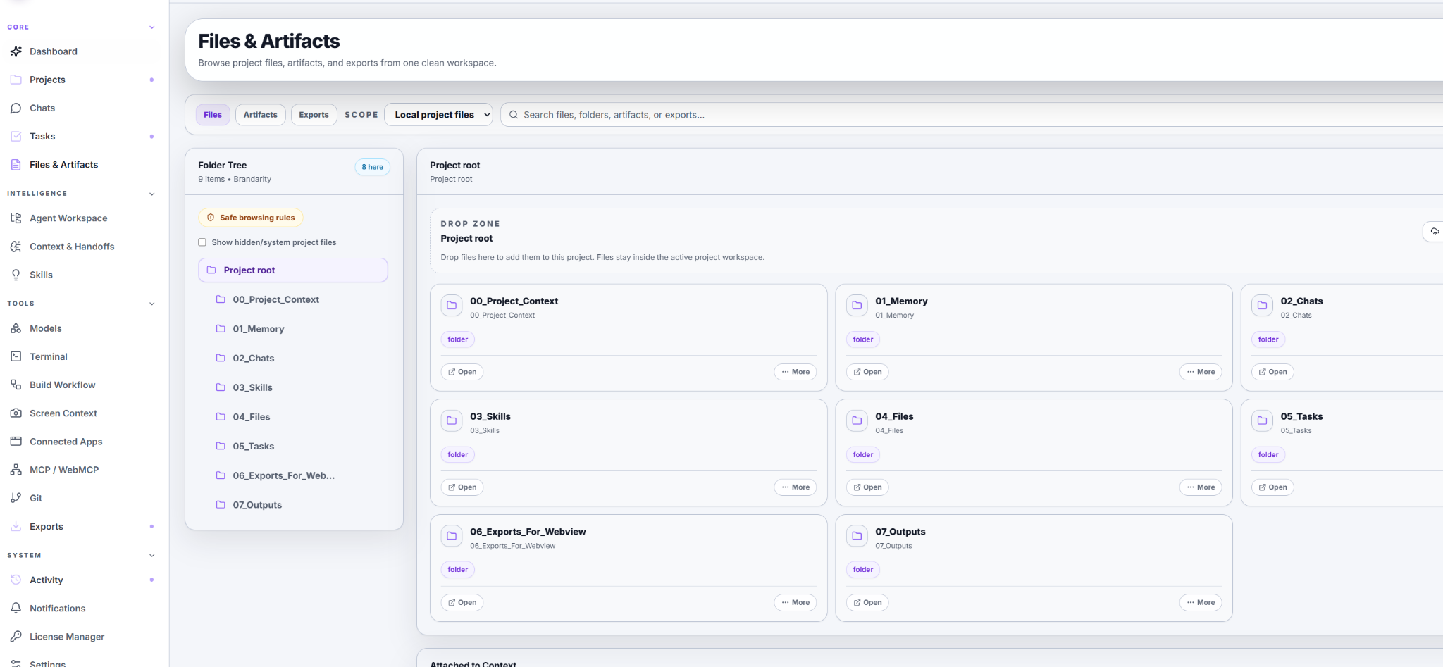 The Files and Artifacts workspace in LobeWork showing the folder tree, project root, drop zone, and file cards